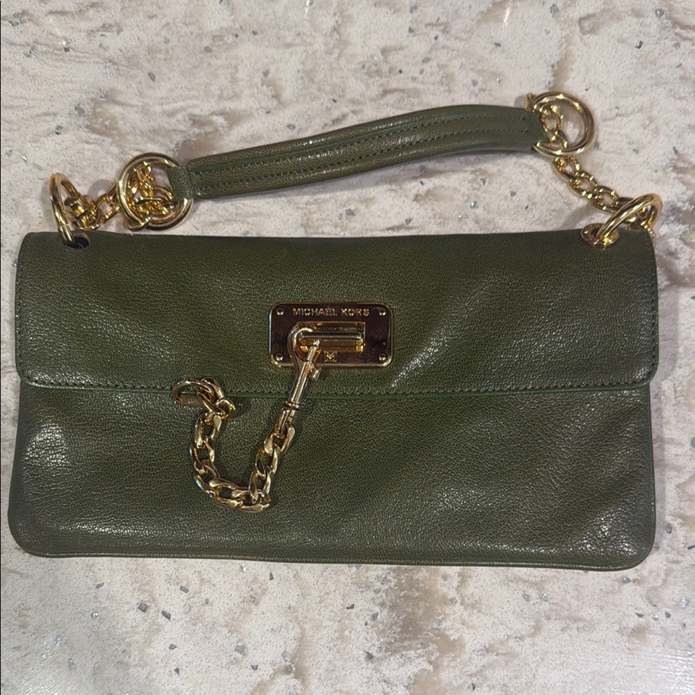 Michael Kors Olive Green Clutch with Gold Accents